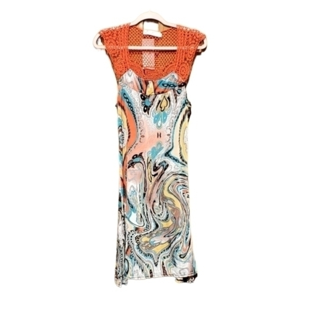 Second Skin Abstract Orange Crochet Silky Boho‎ Dress Small NWT
